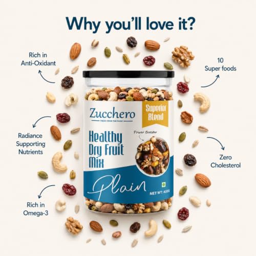 Image of Zucchero Healthy Dry Fruit Mix (1kg) - Daily Health Trail Mix | Almond, Cashew, Amla, Sunflower, Flax, Date, Cranberry, Kiwi | Power Booster | Classic Indian Mix | 100% Natural | No Oil, Salt or Preservatives | Lab Tested