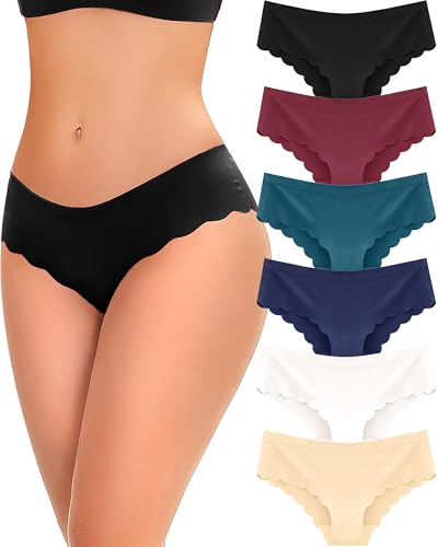 Image of FINETOO 6 pack Seamless Underwear for Women Sexy Low Rise Hipster Wave Edge No Show Bikini Panties Womens Cheeky S-XL