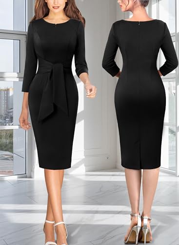 Image of VFSHOW Womens Front Zipper Tie Waist Bow 3 /4 Sleeve Slim Fitted Work Business Office Party Bodycon Pencil Sheath Dress