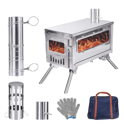 Fbsport 薪ストーブ 煙突 二面窓 防寒対策ステンレスストーブ 折り畳み式 コンロセット 暖房器具 軽量 組立やすい キャンプ ストーブ アウトドア用ヒーター 防災用品 収納バッグ付き 手袋付き 煙突付き 住宅でも使用可能