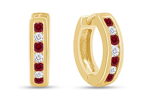 Huggie Earrings for Women, 14K Gold Over Sterling Silver Hoop Earrings with Simulated Ruby and White Cubic Zirconia, Dainty Elegant Jewelry Gift