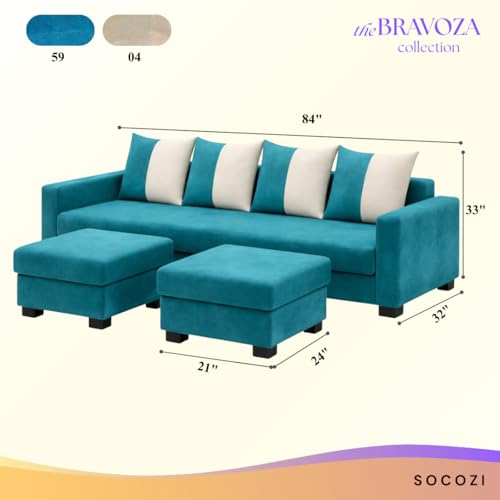Image of SOCOZI Braviza 6 Seater L Shape Sofa Set with 2 Movable Ottomans | Flexible Layout | Soft Velvet Suede Fabric | Modern Design | Plush Comfort Cushions for Living Room (Aqua Blue-Cream)