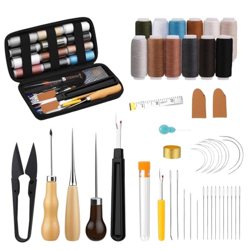 HMCEY 49 Piezas Herramientas Cuero,Kit de Marroquineria,Kit de Costura de Cuero,Herramientas de Marroquineria,Kit para Coser Cueros a Mano,Kit de Cueros Diy con Aguja Coser para Manualidades