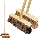 Twin Pack Garden Broom Outdoor Heavy Duty - Stiff Yard Brush Bassine and Soft Bristle Broom Coco - Yard Brush Heavy Duty Outdoor for Dual Purpose Cleaning, Easy Assembly, 120cm Wooden Handle