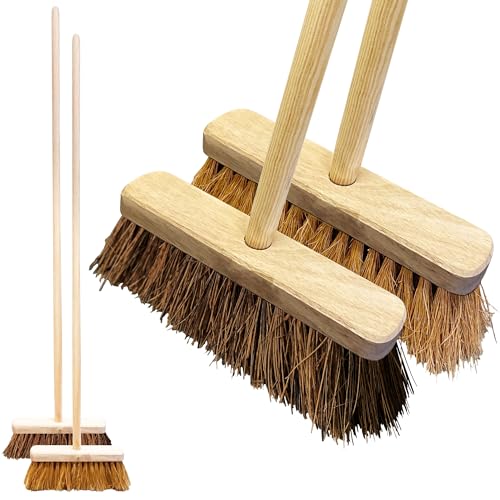 Twin Pack Garden Broom Outdoor Heavy Duty - Stiff Yard Brush Bassine and Soft Bristle Broom Coco - Yard Brush Heavy Duty Outdoor for Dual Purpose Cleaning, Easy Assembly, 120cm Wooden Handle