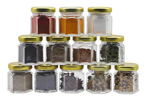 Image of Cute Hexagonal 50 Grams Airtight Glass Jar Containers for Honey, Spices & Other Kitchen Items with Rust Proof Golden Color Caps -Set of 12