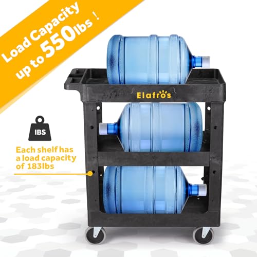 ELAFROS 3 Shelf Heavy Duty Plastic Utility Cart 34 x 17 x 38.5 Inch - Work Cart Tub Storage W/Deep Shelves and Full Swivel Wheels Safely Holds up to 550 lbs - 3 Tier Service Cart Tool cart, Black