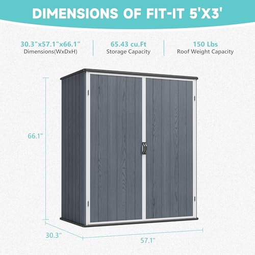 Image of Greesum 5x3FT Plastic Outdoor Storage Shed with Floor, Dark Gray