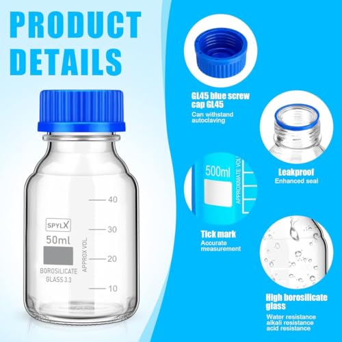 Image of Borosilicate Glass reagent bottle 50ml with leak proof Blue Screw Cap pack of 2 for glassware wide mouth chemical bottles for lab, laboratory, kitchen and professional use
