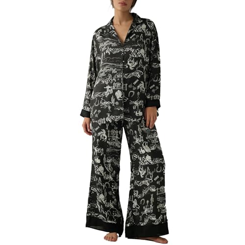 Image of Women Satin Pajama Set Floral Silk Pajamas 2 Piece Lounge Sets Button Down Shirts Wide Leg Pants Pjs Sleepwear