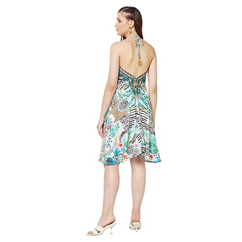 Image of Short Halter Dress with All Over Print with Viscose Fabric Knee Length