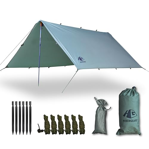 HIKERGEARS Camping Tarp 10x10 ft, Light Waterproof for Backpacking, Hammock Shelter, Emergency Survival Tent, Durable & Compact, Outdoor Tarp for All-Weather Protection.