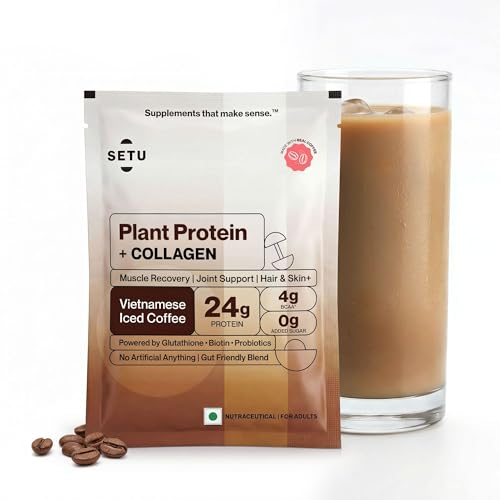 Image of Setu Plant Protein + Veg Collagen | 24g Protein with Glutathione & Biotin | Pea & Rice Isolate | For Muscle, Skin & Hair | No Bloating, Probiotics | Vegan Protein Powder for Men & Women | (1 Sachet Single Serve )