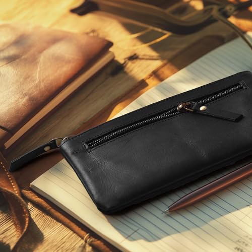 Leather Village 8906166962218 Leather Pencil Pouch Pen Case - Matte Black - 8"X4"- Double Pocket thumb #4