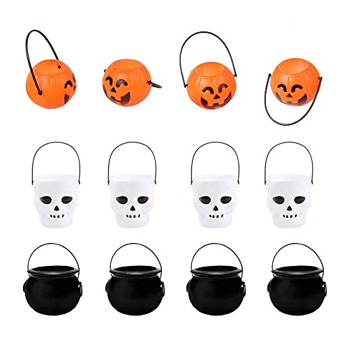 Mini Halloween Pumpkin Bucket Plastic Candy Bowl, 12Pcs Novelty Children Trick or Treat Bucket,Black Wizard Witch Cauldron Pot,Lightweight White Skull Ghost Basket,Party Decor Favors Supplies
