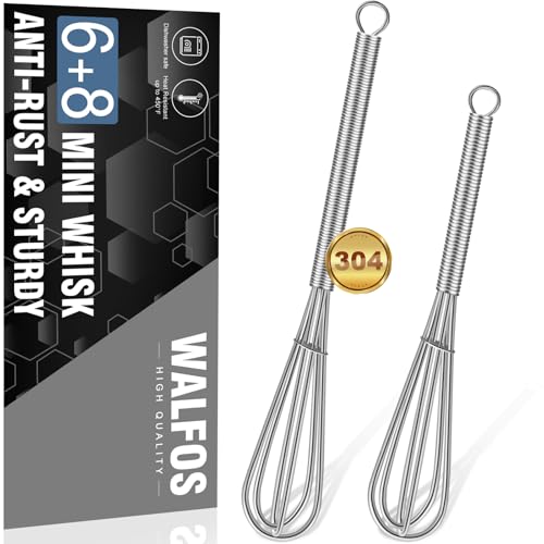 Walfos Mini Whisk,Non-Rust Whisk,304 Stainless steel Small Whisk.Heat Resistant 450℉.6+8Inch Tiny whisk Nice for Whisking, Blending Ingredients, Beating, Mixing Sauces (Silver)
