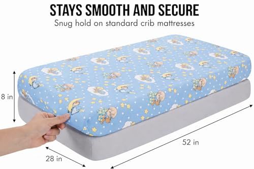Image of 2 Pack Fitted Crib Sheets for Boys in 100% Jersey Knit Cotton - Blue and Yellow Precious Moments Design Plus Solid Gray Boy's Crib Mattress Sheets by Everyday Kids