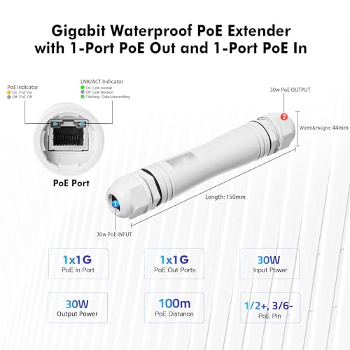 Image of MokerLink Outdoor 2 Port Gigabit PoE Extender, IEEE 802.3 af /at Repeater 30W, 10 /100 /1000Mbps, 1 In 1 Out, Wall Mount IP67 Waterproof Passthrough Switch
