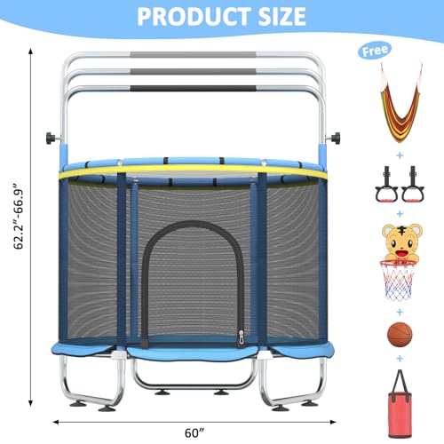 60" Toddler Trampoline for Age 2-4, 9ft Mini Kids Trampoline Indoor with Basketball Ball Adjustable Gymnastics Bar & Toys Swing Enclosure Net for Backyard ASTM Approved - image 7