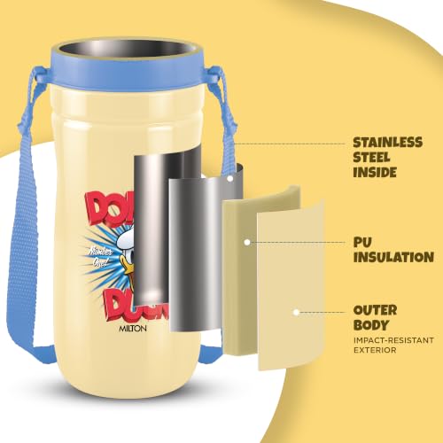 Image of MILTON Disney Kool Cheer 400 Plastic Insulated Thermo Water Bottle with Straw for School Kids I Food Grade, Leak Proof Lid with Hands Free Sipper, Easy to Carry Loop, Picnic, BPA Free, 390 ml, Beige