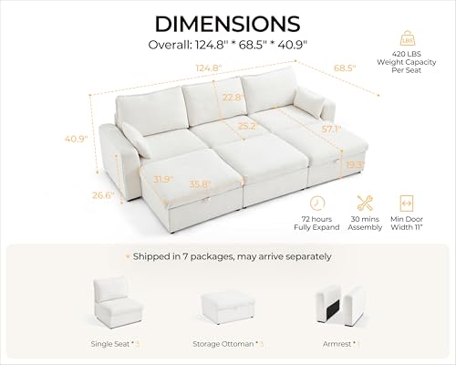 Image of 124.8'' Oversized Modular Sofa Comfy Cloud Couch with Storage, Deep Convertible Sectional Sleeper Sofa Bed for Living Room, Covers Washable, 6-Seater with 3 Ottomans, Chenille, White