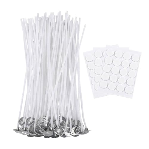 ALLAVA Candle Wicks for Making Candles, 50 Pcs 10cm Candle Wick with 60 Pcs Candle Wick Stickers, Long Lasting Low Smoke Ideal Candle Wicks for Making DIY Candles