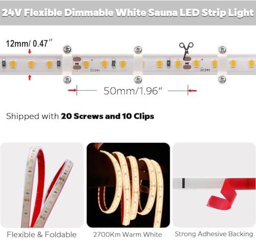 Image of SuperlightingLED 24V 2700K Warm White Sauna Lights High Temperature LED Strip IP68 Waterproof, 5m /16.4ft 600 LEDs Flex Cuttable Rope Lights for Sauna, Bathroom, and Shower Niche (2700K Warm White)