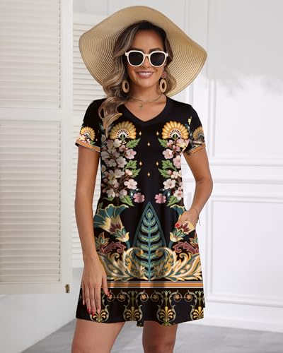 Image of COSSEN Women's Casual T Shirt Dress V-Neck Short Sleeves Swing Dresses Birthday Party Summer Travel Beach with Pocket