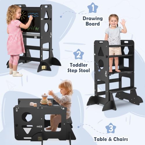 Image of Toddler Standing Tower Anti-Tip Wooden Kitchen Step Stool，Black