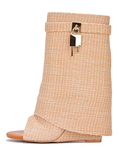 Cape Robbin Women Fold Over Boots, Wedge Heel Mid Calf Ankle Boot with Padlock
