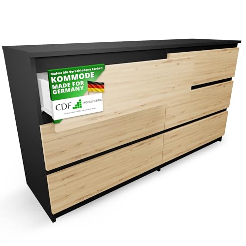 CDF Cómoda – Antracita/Roble Artisan – 6 cajones – Fondo 40 cm – Ancho 138 cm – para salón y Dormitorio – Estilo Moderno