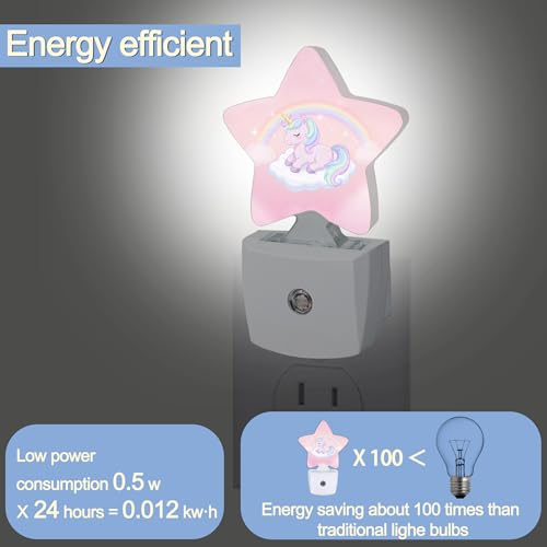 Image of Rainbow Unicorn Dusk to Dawn Star Night Light,Cute Pink Sky Smart Sensor Nightlight for Bedroom Kitchen Hallway Stairs,Plug-in Energy Efficient Decor Desk Lamp Women Men Gifts