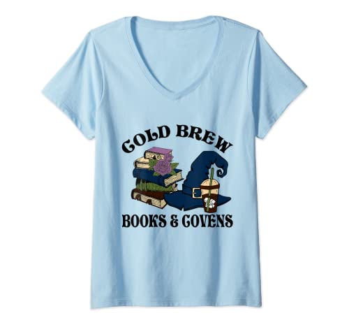 Donna Cold Brew Books And Covens Vintage Bookish Witchy Book Amante Maglietta con Collo a V