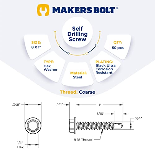 Image of #8 x 1 in. Black Exterior Self Drilling Screws, Hex Washer Head (50 pcs) by Makers Bolt