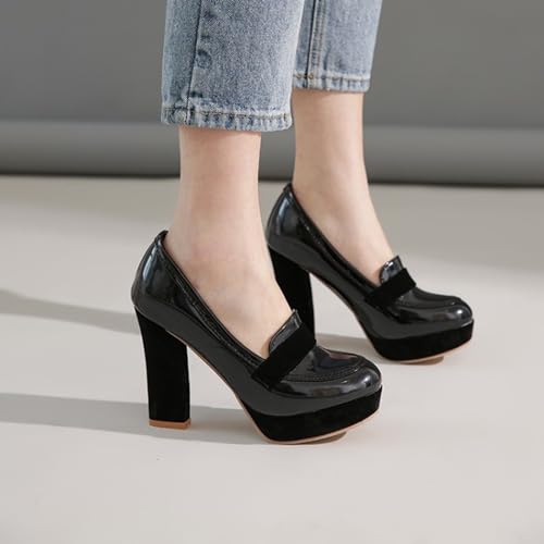 Women's Patent Leather Platform Chunky Heeled Pumps,Fashion Round Closed Toe High Heel Oxford Loafers,Comfortable Non-Slip Slip-On Office Dress Pump Shoes 6