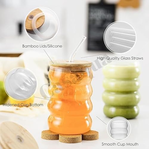 Image of Glass Tumbler with Bamboo Lid & Glass Straw - 500ML, Set of 1, Ribbed Drinking Glass Cup, Reusable Iced Coffee Cup, Borosilicate Glass Tumbler for Juice, Tea, Water & Cold Drink