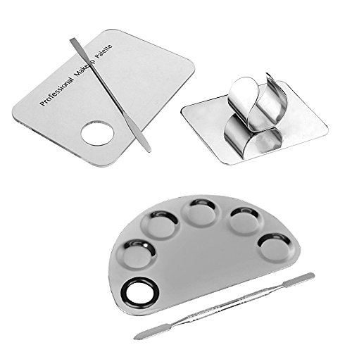 Highmoor Pro Stainless Steel Cosmetic Makeup Artist Mixing Palette with Spatula Tool for Nail Art Eye Shadow Eyelash Makeup Pigment Blending/Mini Finger Nail Art Mixing Palette Manicure Ring