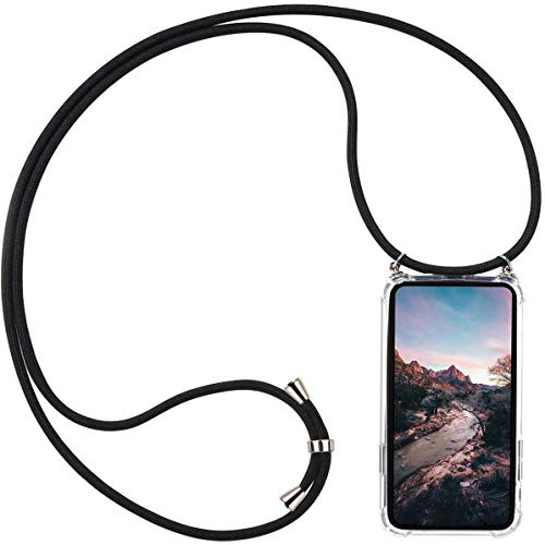AKC Funda con Cuerda Compatible para iPhone 11 Carcasa Colgante Cadena Acrílico Caso con Ajustable Collar Correa Anti-Choque Case-Negro