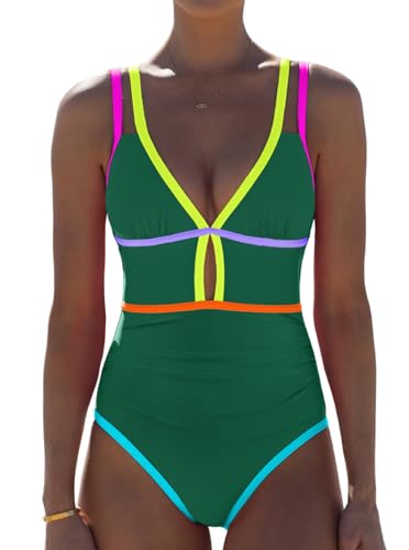 Image of popvil Women One Piece Swimsuit 2026 Tummy Control Sexy Cutout Neon Color Block Bathing Suit Slimming Adjustable Swimwear