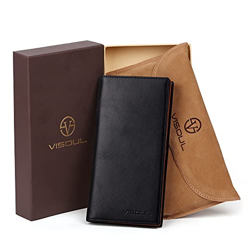 Image of VISOUL Leather Checkbook Cover Wallet for Men with RFID Blocking, Mens Long Bifold Cash Tall Wallet with 11 Credit Card Slots 1 ID Window (Black and Orange)