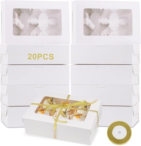 Qacpahucy Paquete de 20 Cajas Para Cupcakes   Caja de Transporte para Magdalenas y Caja para Tartas   Caja de Cupcake con Ventana Transparente para Cupcakes, Muffins, Postres