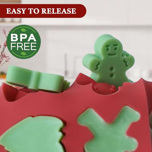 Image of HKNMTT Mini Christmas Candy Molds, Silicone 72 Cavity Chocolate Mold, Tree Santa Snowman Stocking Bell Gingerbread Shape Gummy Making Set, Food Grade for Gifts Cookies Dog Treats