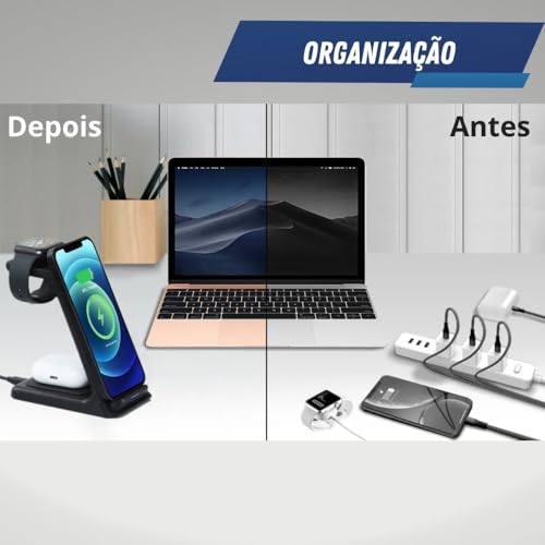 Carregador por Indução Sem Fio 3 em 1 Turbo com Led de Toque para Iphone Airpods Apple Watch Base de