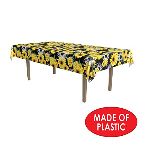 Image of Beistle Sunflower Tablecovers - 2-Pack Disposable Plastic Table Covers for Summer Parties, Rustic Farmhouse Events, Garden Celebrations and Fall Sunflower-Theme Decorations, 54 inch x 108 inch