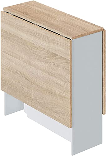 JUANIO Mesa de Cocina Plegable con Acabado en Color Blanco Artik y Roble Canadian - Dim: 77 cm (Largo) x 31-140 cm (Ancho) x 79 cm (Alto)