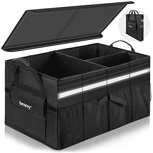 besrey Trunk Organizer with Cover, 66L Large Capacity Trunk Storage Organizer, Collapsible Backseat Car Organizer and Storage for Grocery, Water Resistant Organizer Trunk with 6 Pockets