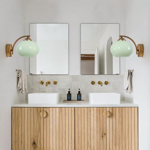 Image of Vintage Green Glass Wall Sconce Brass Gold Wall Light Fixture Hardwired Mid Century Modern Bathroom Vanity Light Fixture