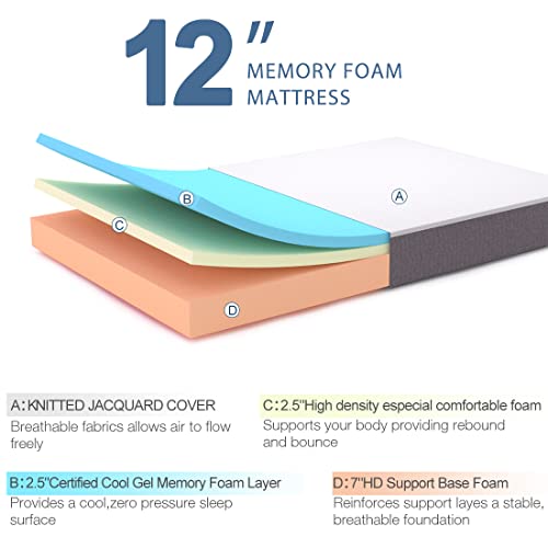 Molblly Queen Mattress, 12 Inch Memory Foam Mattress in a Box, Fiberglass Free, Breathable Bed Comfortable Mattress for Cooler Sleep Supportive & Pressure Relief, 60" X 80" X 12"