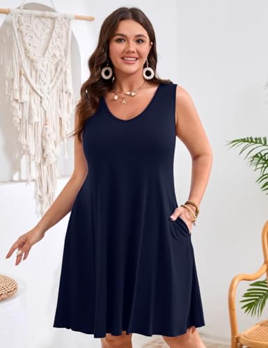 Image of JollieLovin Women Plus Size Curvy Summer Tank Sun Dresses Sleeveless Causal T-Shirt Dress Beach Swing Cover up(L-5X)