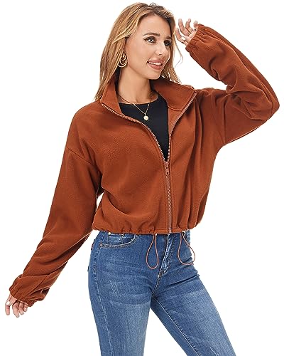Fuinloth Women's Fleece Crop Jacket, Oversized, High Stand Collar Long Sleeve Coat2